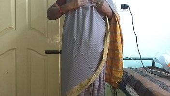Indian Wife Vanitha Teases In Grey Saree With Big Boobs And Shaved Pussy